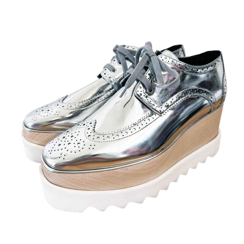Stella McCartney Elyse Metallic Silver Oxford Brogue Platform Shoes 37 7